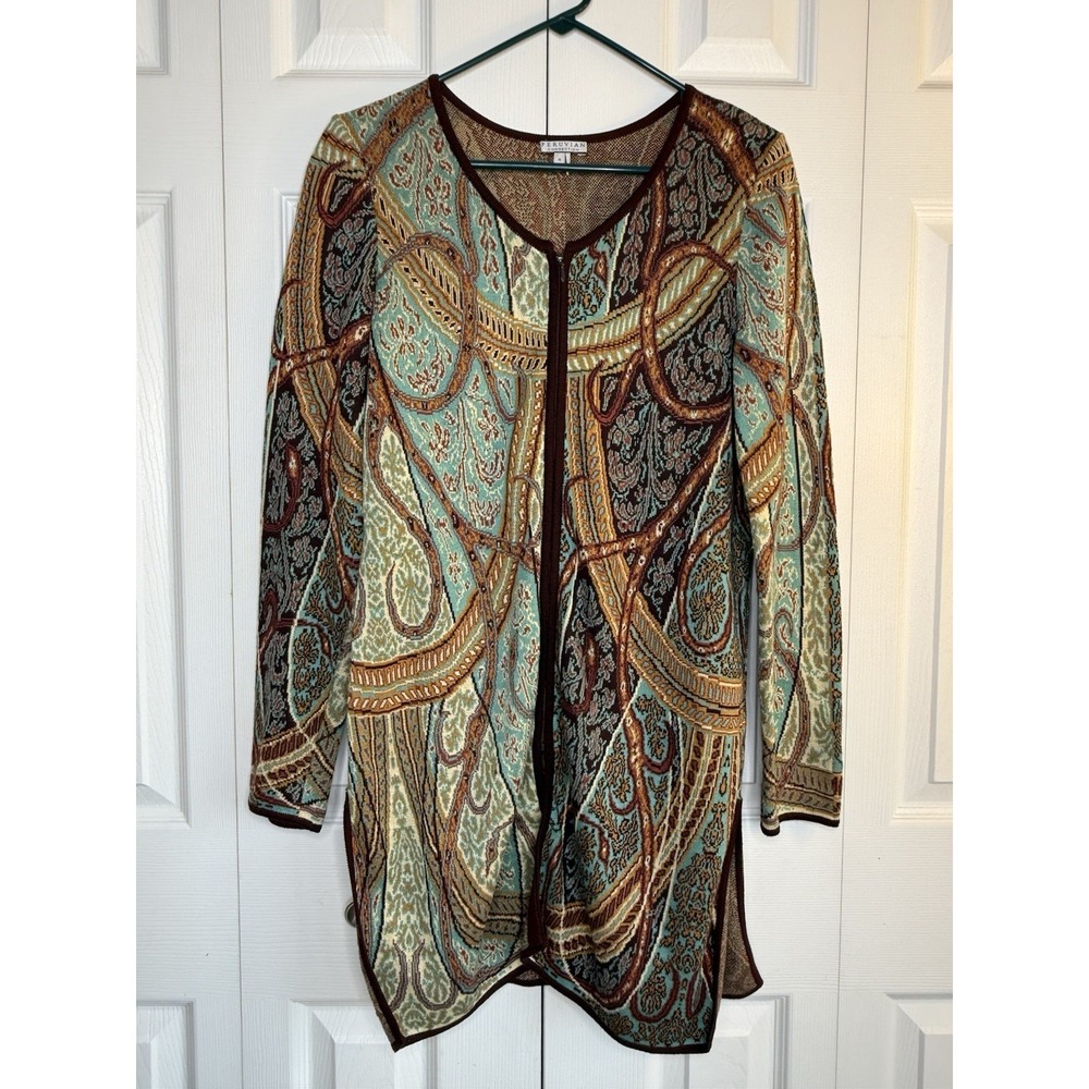 Peruvian Connection Cardigan Sweater Zip- Front Rope Paisley Pima Cotton Sz M